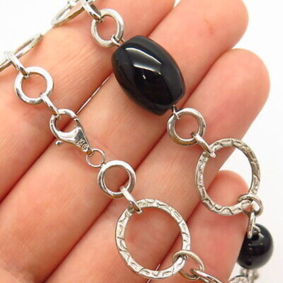 925 Sterling Silver Real Black Onyx Gem Fancy Bead Chain...